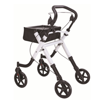 Andador plegable cuatro ruedas de aluminio para personas con movilidad reducida. Expuesto en tienda.