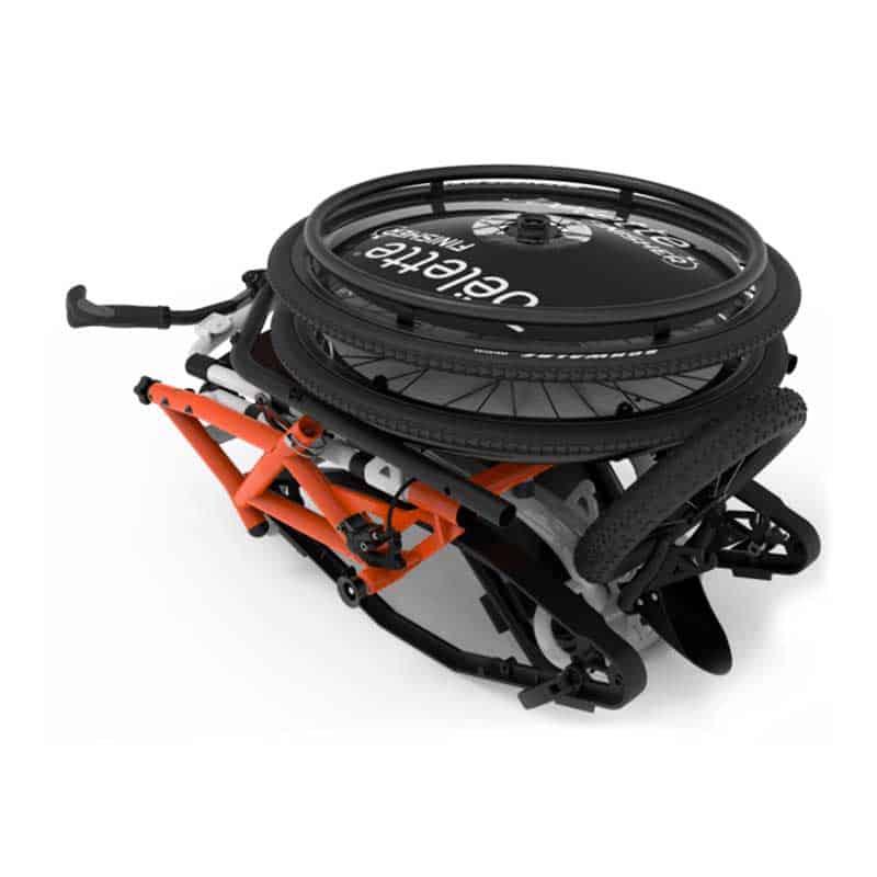 Silla Joëlette Finisher plegada con transporte fácil y compacto
